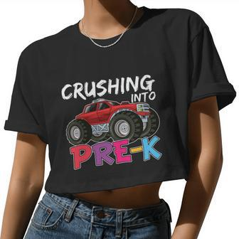 Crushing Into Prek Monster Truck Back To School Women Cropped T-shirt - Monsterry