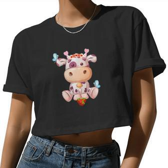 Cute Cow Strawberry Hearts Valentines Day Girls Hearts Women Cropped T-shirt - Monsterry