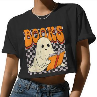 Cute Ghost Read Books Librarian Teacher Halloween Women Cropped T-shirt - Monsterry DE