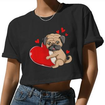 Cute Pug Valentines Day Holding Heart My Valentine Girl Women Cropped T-shirt - Monsterry