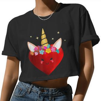 Cute Unicorn Face Heart Valentines Day Girls Women Cropped T-shirt - Monsterry CA