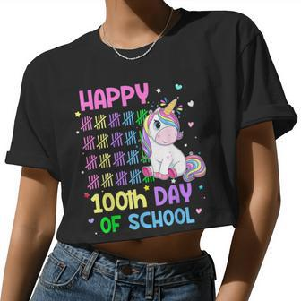 Cute Unicorn Happy 100Th Day Of School Unicorn Girls Teacher Women Cropped T-shirt - Monsterry UK