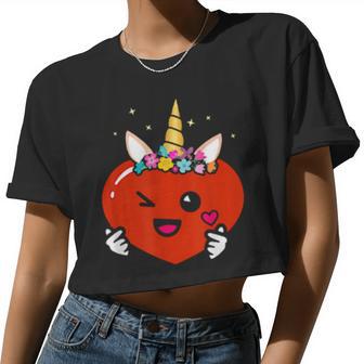 Cute Unicorn Valentine's Day Heart Girls Women Cropped T-shirt - Monsterry