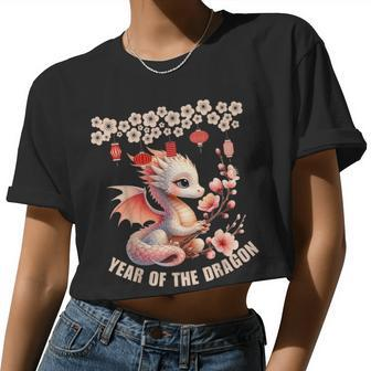 Cute Year Of The Dragon Zodiac Chinese Lunar New Year Flower Women Cropped T-shirt - Monsterry