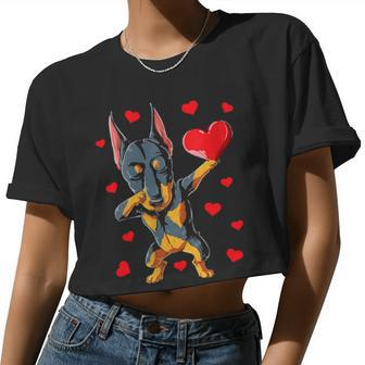 Dabbing Doberman Heart Valentines Day Men Women Dog Women Cropped T-shirt - Monsterry