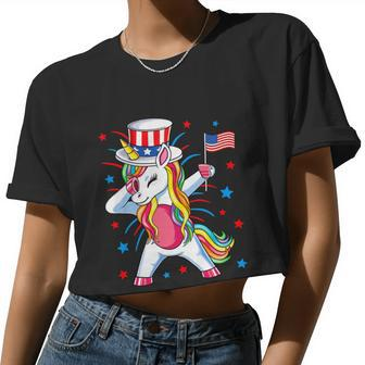 Dabbing Unicorn 4Th Of July Uncle Sam Girls American Flag Women Cropped T-shirt - Monsterry UK