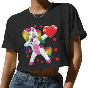 Dabbing Unicorn Heart Valentines Day Girls Women Cropped T-shirt - Monsterry