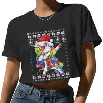 Dabbing Unicorn Santa Sweater Christmas Ugly Kids Girls Womens Women Cropped T-shirt - Monsterry