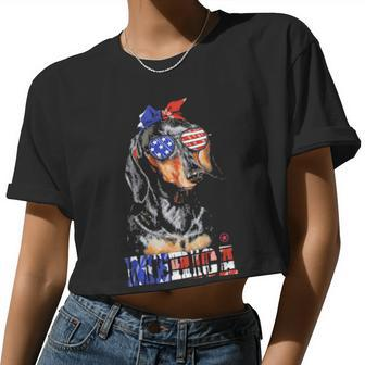 Dachshund Mom Usa American Flag For 4Th Of July Women Cropped T-shirt - Monsterry