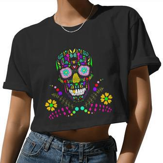 Day Of The Dead Skull Flower Glasses Women Cropped T-shirt - Monsterry DE