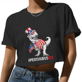 Dinosaur 4Th Of July T Rex American Flag Women Cropped T-shirt - Monsterry DE