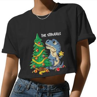 Dinosaur Christmas Tree Rex The Struggle Boys Xmas Pajamas Women Cropped T-shirt - Monsterry