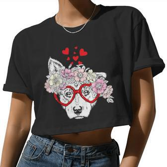Dog Puppy Sunglasses Flowers Heart Cute Dog Valentine Women Cropped T-shirt - Monsterry CA