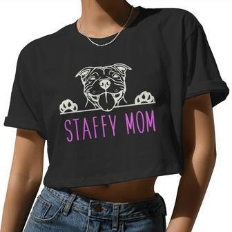 Dog Staffordshire Staffy Mom With Staffordshire Bull Terrier Dog Women Cropped T-shirt - Monsterry