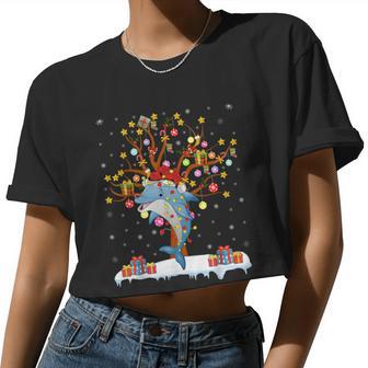 Dolphin Lighting Xmas Tree Dolphin Christmas Tree Women Cropped T-shirt - Monsterry UK