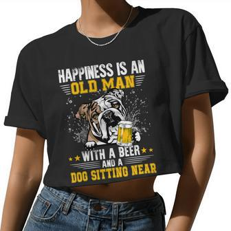 English Bulldog Dog Lover Happiness Is An Old Man With A Beer And A English Bulldog 212 Bulldog Dad Mom Women Cropped T-shirt - Monsterry UK