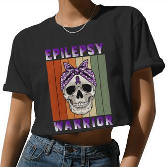 Epilepsy Warrior Skull Women Vintage Purple Ribbon Epilepsy Epilepsy Awareness Women Cropped T-shirt - Monsterry AU