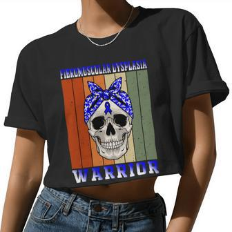 Fibromuscular Dysplasia Warrior Skull Women Vintage Blue Ribbon Fmd Fibromuscular Dysplasia Awareness Women Cropped T-shirt - Monsterry