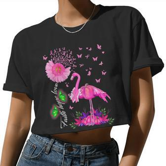 Flamingo Faith Hope Love Pink Pumpkin Ribbon Breast Cancer Women Cropped T-shirt - Monsterry