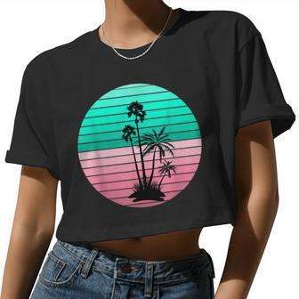 Flamingo Pink And Teal Palm Tree Sunset Women Cropped T-shirt - Monsterry