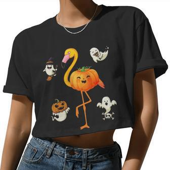 Flamingo Pumpkin Halloween Bird Lover For Girls And Boys Tshirt Women Cropped T-shirt - Monsterry