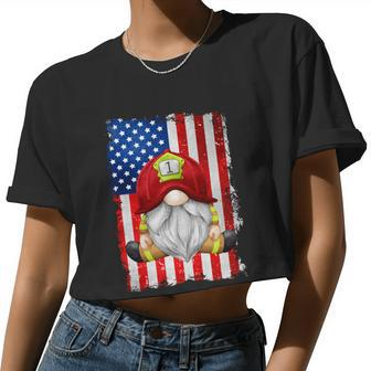 4Th Of July Gnome Patriotic American Flag Firefighter Women Cropped T-shirt - Monsterry