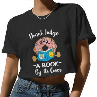 Bookworm Teacher Librarian Reading Donut Pun Literacy Cool Women Cropped T-shirt - Monsterry