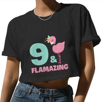 Flamingo Girl Birthday Party 9 Years Old Women Cropped T-shirt - Monsterry AU