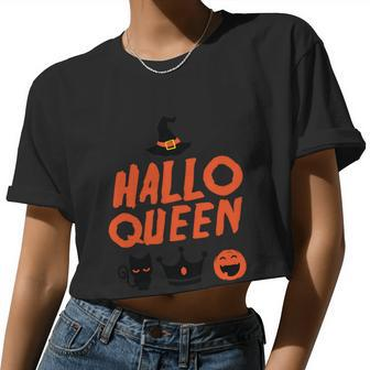 Hallo Queen Witch Hat Pumpkin Cat Halloween Quote Women Cropped T-shirt - Monsterry UK