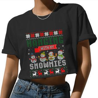 Hanging With My Snowmies Ugly Christmas Sweater Women Cropped T-shirt - Monsterry