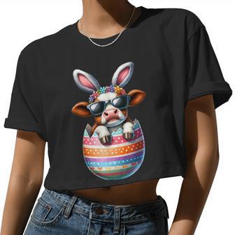 Happy Easter Cute Cow Bunny Ears Eggs Toddler Boy Girl Women Cropped T-shirt - Monsterry