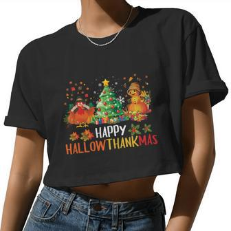 Happy Hallothanksmas Halloween Thanksgiving Merry Christmas Women Cropped T-shirt - Monsterry CA
