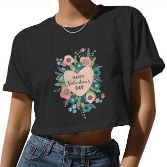 Happy Valentine's Day Floral With Pink Heart & Flowers Shirt Women Cropped T-shirt - Monsterry UK