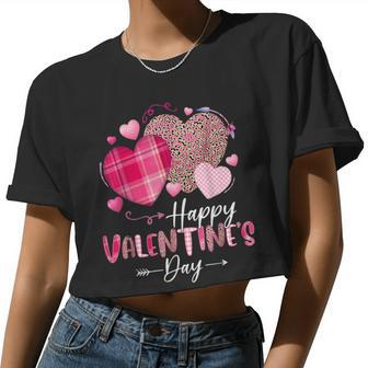 Happy Valentines Day Leopard And Plaid Hearts Girls Women Women Cropped T-shirt - Monsterry AU