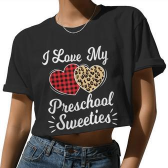 Heart Leopard Buffalo Plaid Valentines Day Preschool Teacher Women Cropped T-shirt - Monsterry