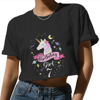 Kids 7 Year Old Girl Birthday Unicorn Shirt 7Th Birthday Women Cropped T-shirt - Monsterry