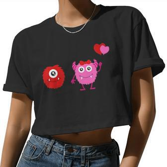 Kids Boys And Girls Valentines Day Monsters With Heart Balloons Women Cropped T-shirt - Monsterry AU