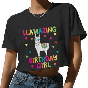 Llama Birthday Party Llamazing Girl Rainbow Hearts Women Cropped T-shirt - Monsterry DE