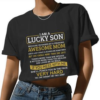 I Am A Lucky Son I'm Raised By A Freaking Awesome Mom Women Cropped T-shirt - Monsterry AU