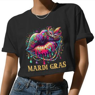 Mardi Gras Lips Queen Beads Mask Carnival Colorful Women Cropped T-shirt - Monsterry DE