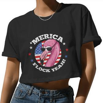 Merica 4Th Of July Flamingo Flock Patriotic American Flag Women Cropped T-shirt - Monsterry DE
