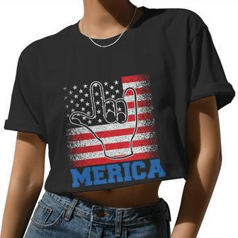 Merica Rock Sign 4Th Of July Vintage Plus Size Graphic Shirt For Men Women Famil Women Cropped T-shirt - Monsterry DE