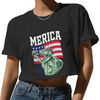 Merica Trex Independence Day 4Th Of July Women Cropped T-shirt - Monsterry