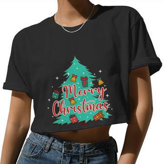Merry Christmas Retro Christmas Tree Santa Claus Xmas Goodies Groovy Plus Size Women Cropped T-shirt - Monsterry