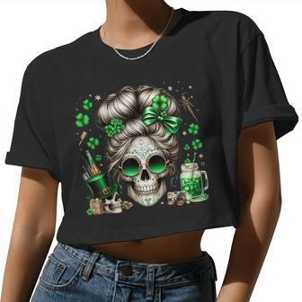 Messy Bun Skull Saint Paddys Day Irish Women Women Cropped T-shirt - Monsterry