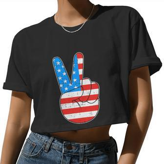 Peace Hand Sign For 4Th Of July American Flag Women Cropped T-shirt - Monsterry CA