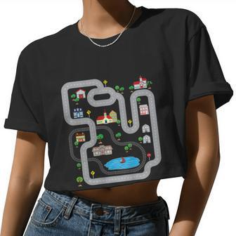 Playmat Train Car Race Track Printed On Back Road Women Cropped T-shirt - Monsterry UK