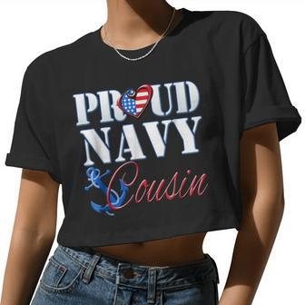 Proud Navy Cousin Usa Heart American Flag Men Women Women Cropped T-shirt - Monsterry