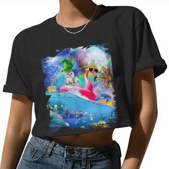 Rainbow Space Galaxy Cat On Flamingo Dolphin Women Cropped T-shirt - Monsterry