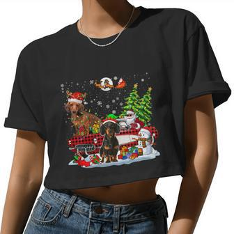 Reindeer Dachshunds With Santa Sunglasses On Plaid Car Women Cropped T-shirt - Monsterry DE
